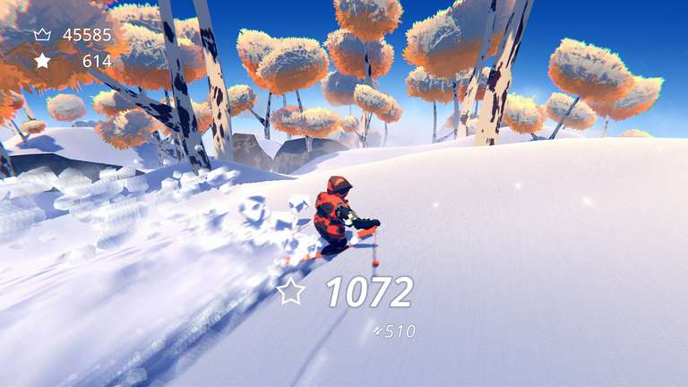 Gameplay screenshot displaying a skier descending a snowy mountain during a sunset
